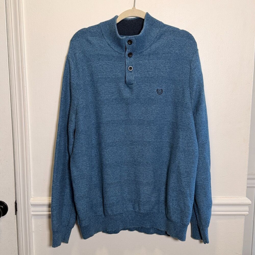 Chaps Mens XXL Blue Cotton Mock Neck 3 Button Sweater Elbow Patch Preppy